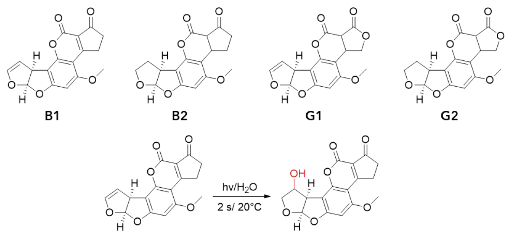 Chemical structures of the four aflatoxins and the reaction mechanism of the photochemical activation Chemical structures of the four aflatoxins and the reaction mechanism of the photochemical activation