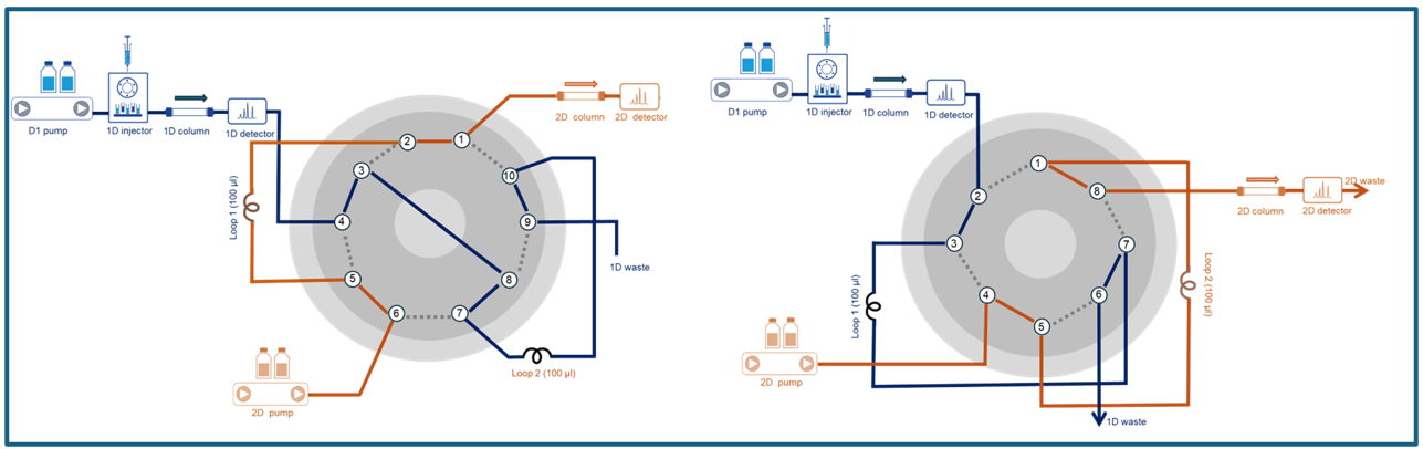 Schematic figure of ten-port (left) and eight-port valve (right) 2-position setup for 2D-LC