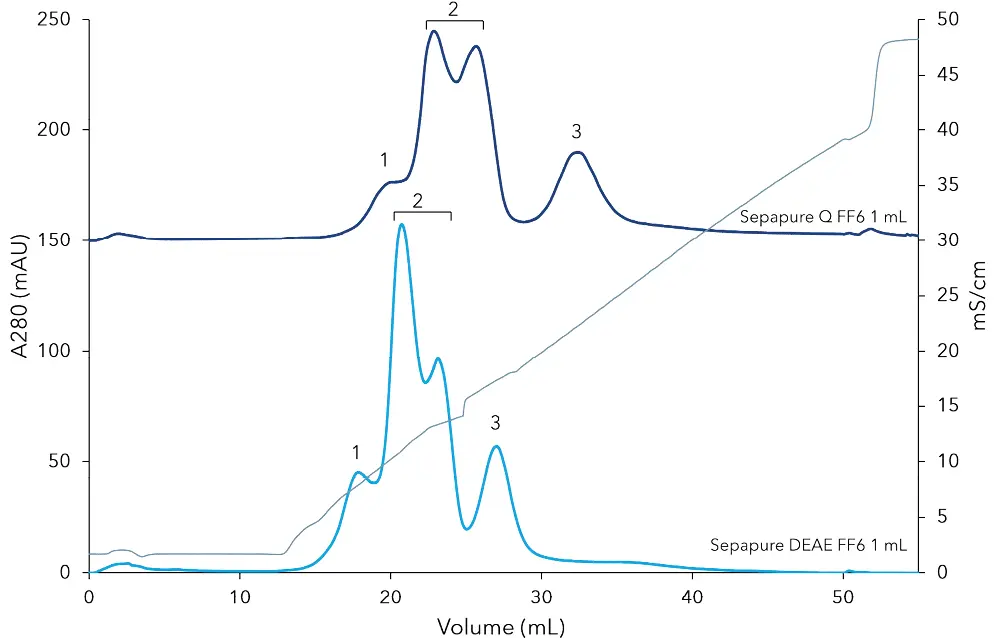 Chromatograms of the separation of Conalbumin (1), α-Lactalbumin (2) and soy bean Trypsin inhibitor (3) with weak (light blue line) and strong (dark blue line) anion exchange chromatography columns, grey line: conductivity signal Chromatograms of the separation of Conalbumin (1), α-Lactalbumin (2) and soy bean Trypsin inhibitor (3) with weak (light blue line) and strong (dark blue line) anion exchange chromatography columns, grey line: conductivity signal