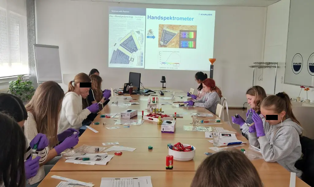 Figure 3: The girls learned what chromatography and HPLC are, what they are used for, and how a UV/Vis detector works. They then built their own handheld spectroscope and experimented with white light and various color filters.