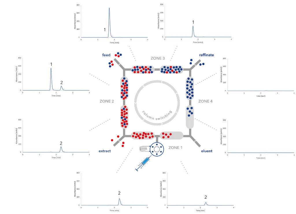 Fig. 10 Analysis of the raffinate and extract outlets over several cycles of the SMB process