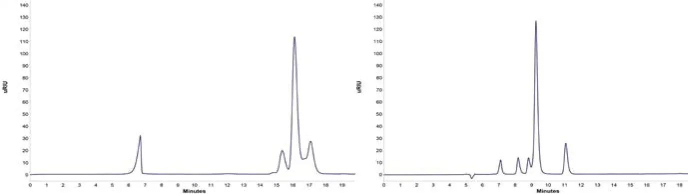 Fig. A1 Chromatograms of 1:10 dilution of fermentation mash; left Eurokat Na; right Eurokat H; 1 xylitol; 10 μL injection Fig. A1 Chromatograms of 1:10 dilution of fermentation mash; left Eurokat Na; right Eurokat H; 1 xylitol; 10 μL injection