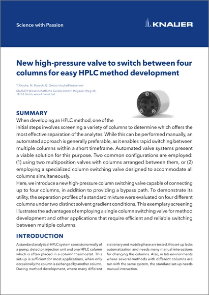 New high-pressure valve to switch between four columns for easy HPLC method development