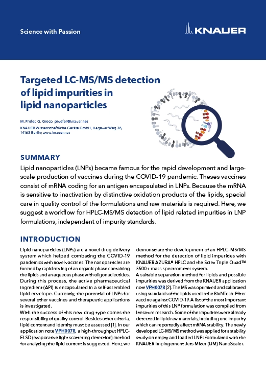 Targeted LC-MS/MS detection of lipid impurities in lipid nanoparticles Targeted LC-MS/MS detection of lipid impurities in lipid nanoparticles