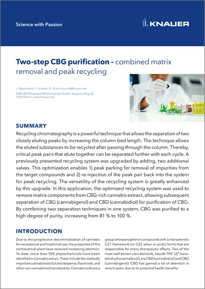 Two-step CBG purification – combined matrix removal and peak recycling Two-step CBG purification – combined matrix removal and peak recycling
