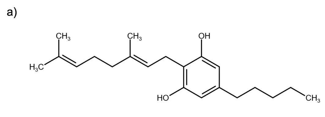 Structural formula of a) CBG and b) CBD.