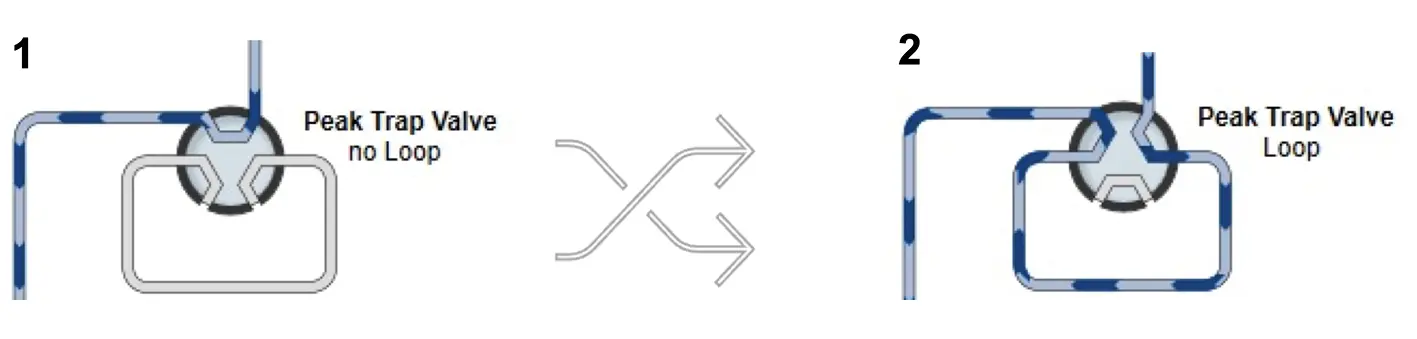 Two flow paths for the peak trap valve. 1) Flow bypasses the peak trap. 2) Flow passes through the peak trap. Peak trap loop or column.