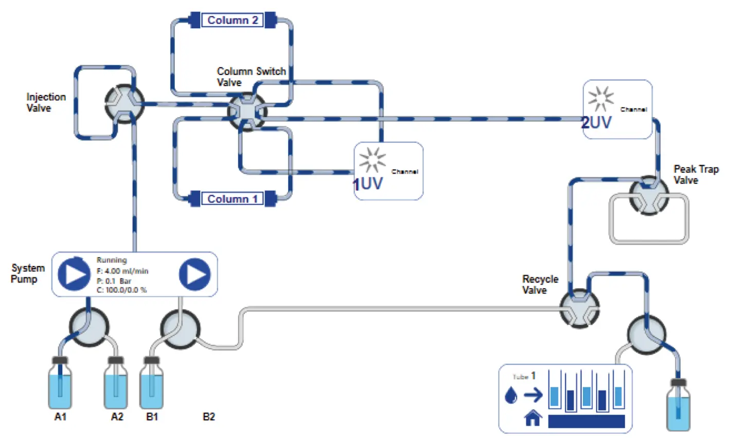 PurityChrom® 6 visualization of new set-up for recycling system. Flow bypasses the peak trap and goes to the waste.