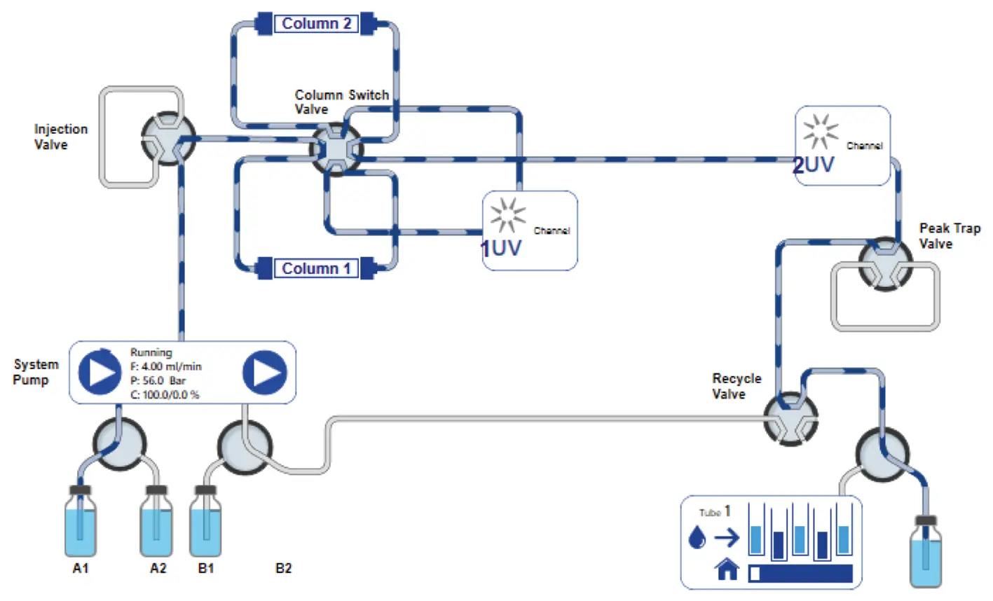 PurityChrom® 6 visualization of new set-up for recycling system. Flow bypasses the peak trap and goes to the waste.