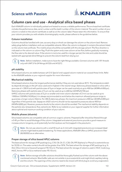 Column Care and Use Silicia based phases  Supplement EN (V6939)
