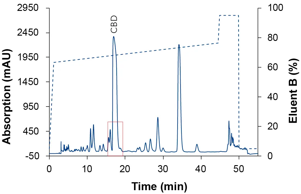 Chromatogram of the focus gradient with EtOH as eluent B. Sample: CBD-rich cannabis extract; blue: ES II 100-5 C18 250 x 4 mm; dashed line: gradient; 228 nm; 10 µl injection