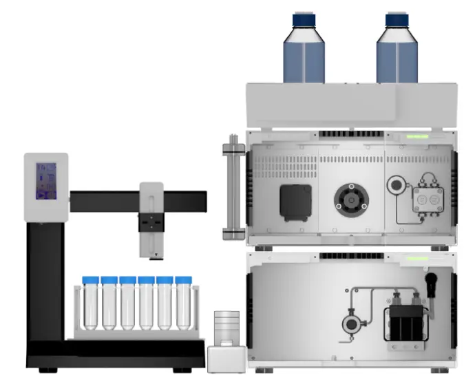 System setup of preparative HPLC system; left: fraction collector; middle: dynamic mixer; right from top to bottom: eluent tray with bottles, assistant module with column holder and column, pump.