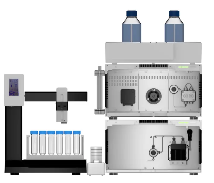 System setup of preparative HPLC system; left: fraction collector; middle: mixer; right from top to bottom: eluent tray with bottles, assistant module with column holder and column, pump.