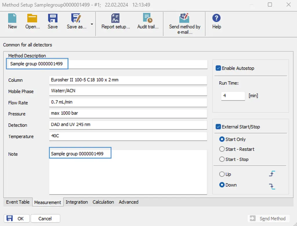 Method setup window of ClarityChrom® 9.0. The scanned sample ID can be used in the notes, the method description or even in the file name.