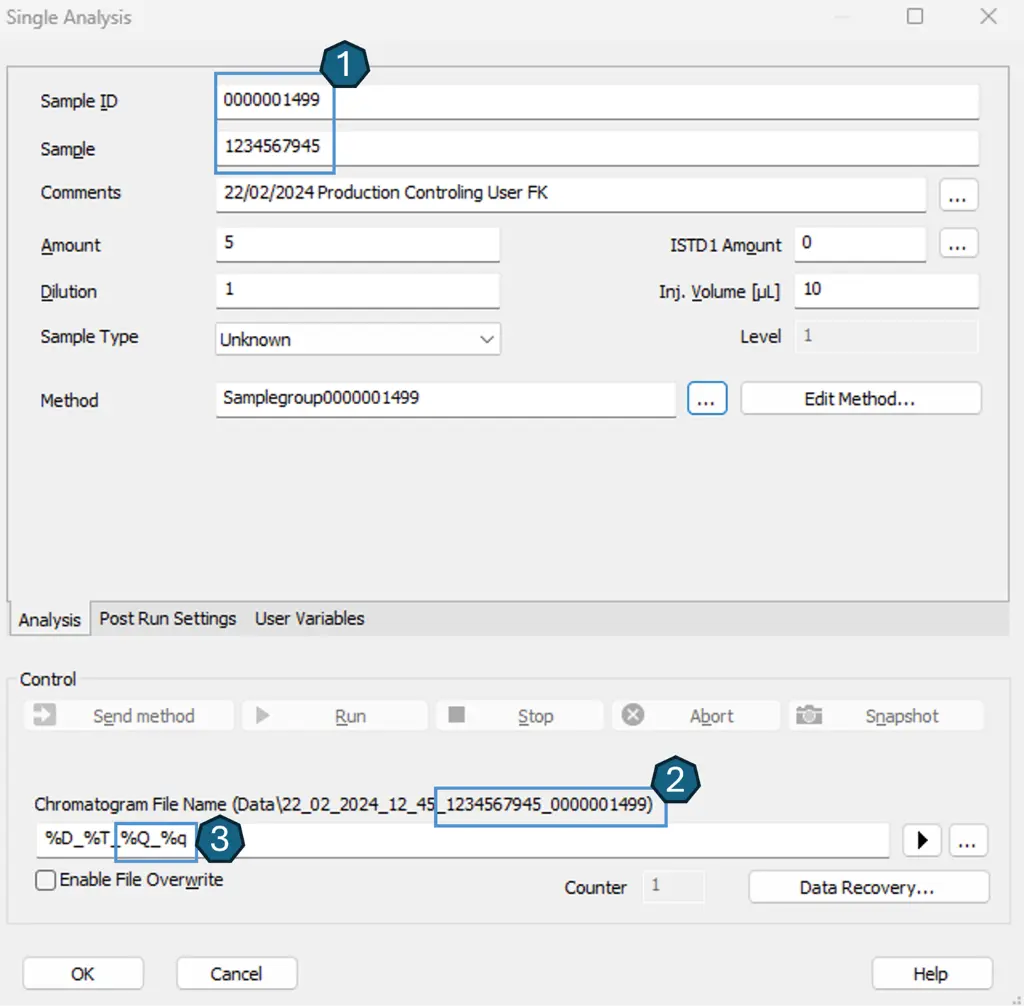 In the single analysis window in ClarityChrom® 9.0, the scanner can be used for the sample ID and sample (1). Both details should be part of the file name (2) and should therefore be selected as increments (3).