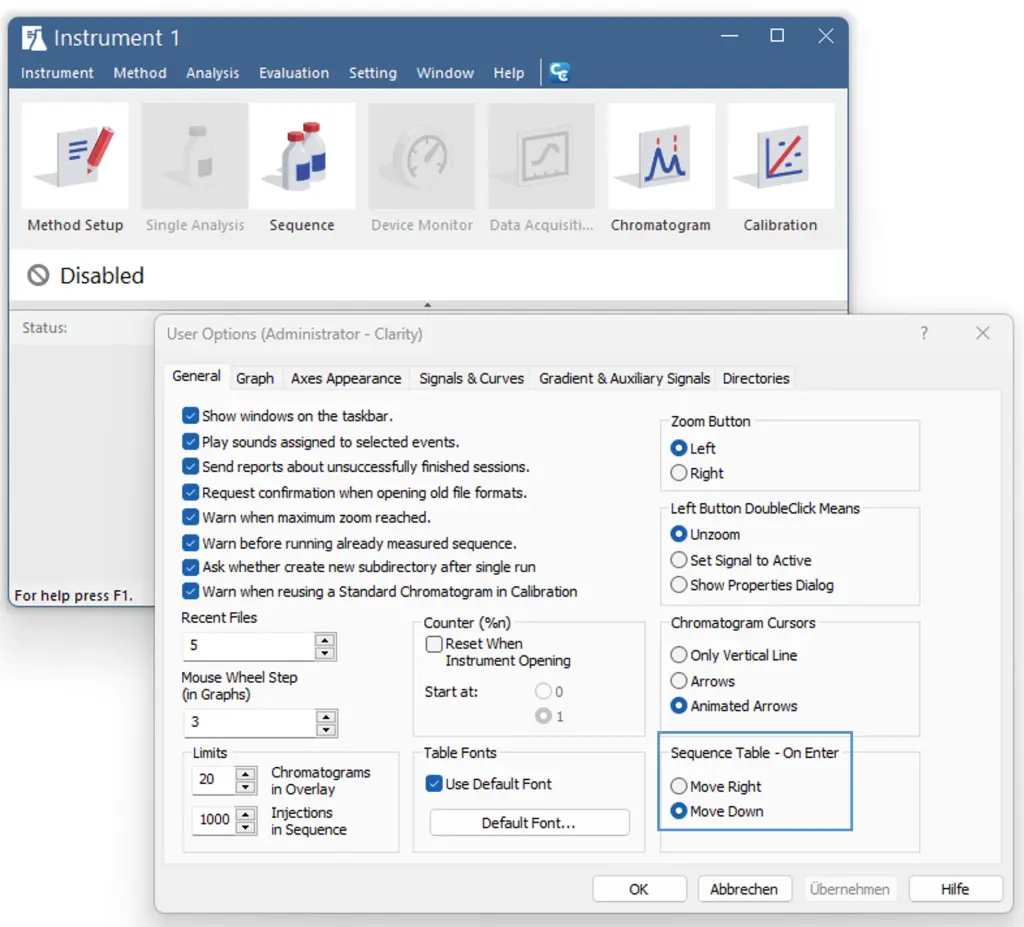 To enable smooth filling in the sequence table, it makes sense to define in the user options that a new line should be opened with Enter. The scanner inserts the Enter command after each scan of the sample ID, for example.