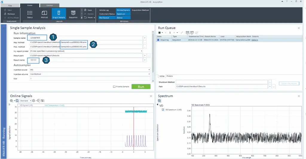 In the single sample analysis window of OpenLab CDS, the scanner can make it easier to enter the sample ID (1) using increments (3). The method name can also be assigned to the substance class, the batch, the laboratory employee or the rack using a scanned ID (2)