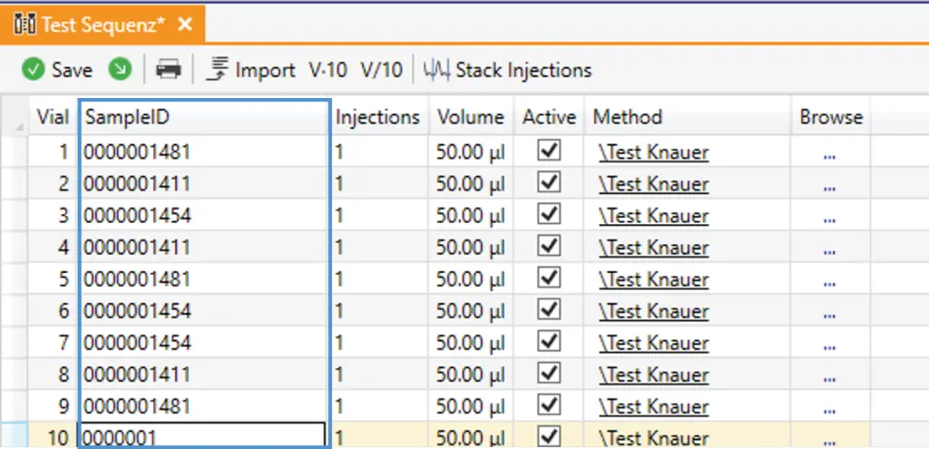 In the sequence window of PurityChrom® 6, the sequence can be filled in automatically by scanning the sample ID field.