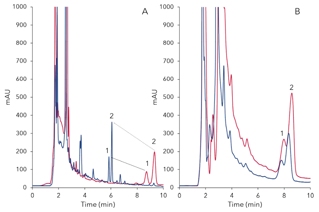 A - Transfer gradient to isocratic method; 1) rebaudioside A, 2) stevioside; isocratic 30:70 acetonitrile/H2O, 20 µL injections, C18, 5 µm particle, 1.2 mL/min, 30°C B - Overlay chromatograms 100 µL (blue) and 200 µL (red) sample injection on analytical 10 µm particle column; 1) rebaudioside A, 2) stevioside; 30:70 acetonitrile/H2O, C18, 1.2 mL/min, 30°C