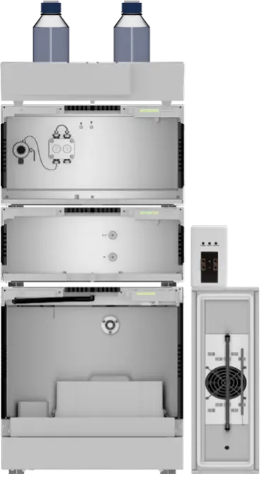 GPC system setup; from top to bottom: eluent tray with bottles, pump, refractive index detector (RID), autosampler; right from top to bottom: degasser, thermostat with column