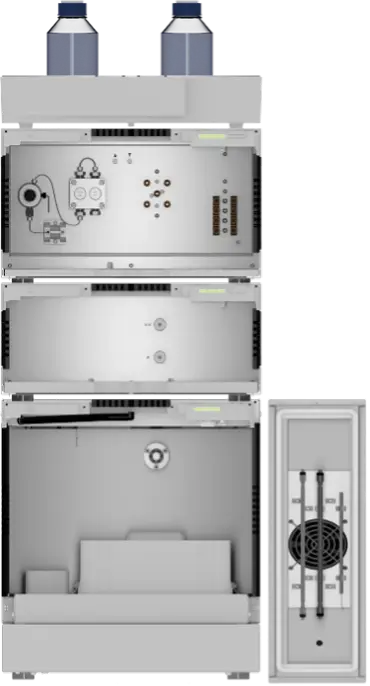 SEC system setup; from top to bottom: eluent tray with bottles, pump, refractive index detector (RID), autosampler; right: thermostat with columns