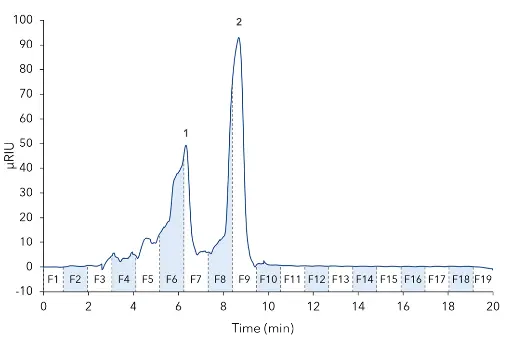 Sample in semi-preparative scale with 20 mm ID column. 200 µl injection volume, undiluted, flow rate 7 ml/min, temperature 25 °C. 1 - Fructan sized molecules (oligomers ~112 units), 2 - Low molecular sugars.