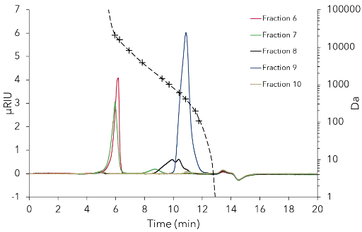 Fraction analysis on analytical system. 100 µl injection volume, undiluted, flow rate 1 ml/min, temperature 25 °C.