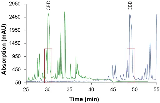 Chromatogram cutout of the overview gradient with EtOH as eluent B. Sample: CBD-rich cannabis extract; * CBD; green: ES II 100-5 C18 150 x 4 mm; blue: ES II 100-5 C18 250 x 4 mm; 228 nm; 10 µl injection.
