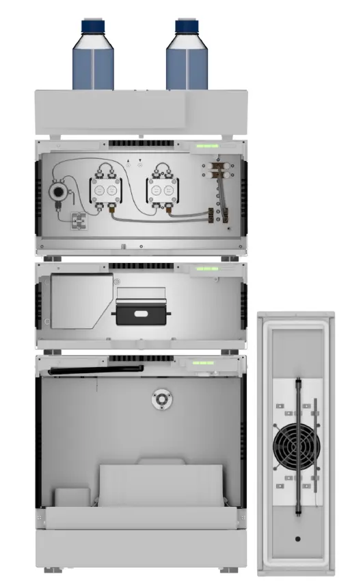 System setup of analytical HPLC system; left from top to bottom: eluent tray with bottles, pump, detector, autosampler; right: column thermostat with column.