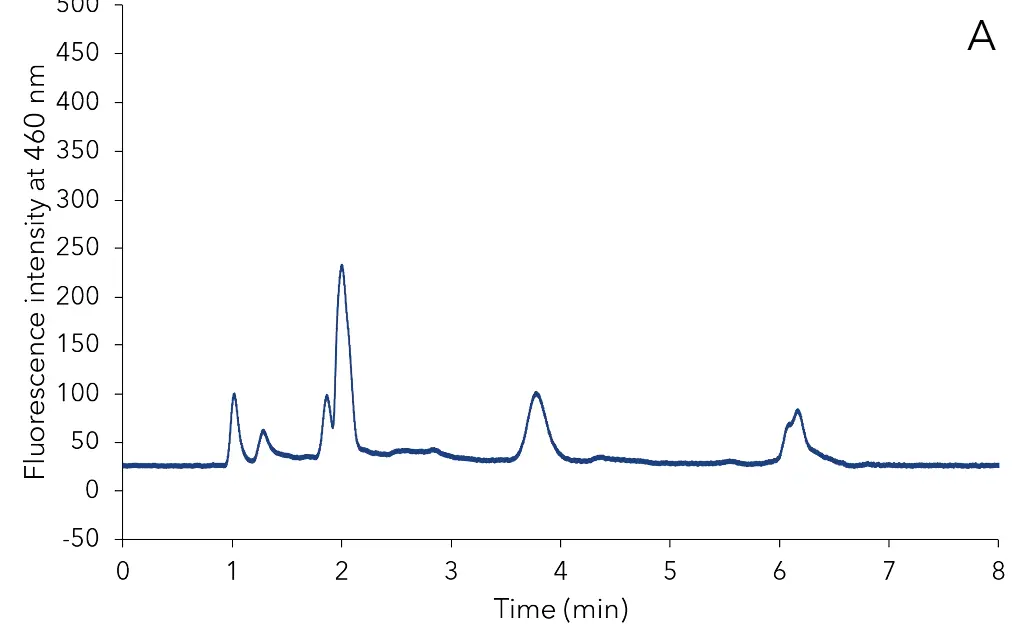 Two different chromatograms of cereal containing baby food extraction samples without aflatoxins. The extract of baby puree on the left (A) and the extract of baby rusk on the right site (B). Two different chromatograms of cereal containing baby food extraction samples without aflatoxins. The extract of baby puree on the left (A) and the extract of baby rusk on the right site (B).