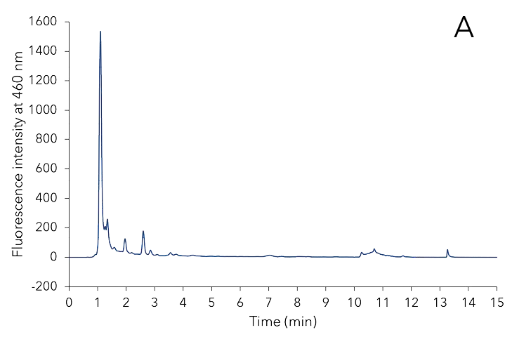 Three different samples during extraction process. After the extraction with MeOH/H₂O (A), before SPE (B) and after the SPE extraction (C). Three different samples during extraction process. After the extraction with MeOH/H₂O (A), before SPE (B) and after the SPE extraction (C).