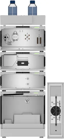 Fig. 20  System setup; from top to bottom: eluent tray with bottles, pump, diode array detector (DAD), refractive index detector (RID), autosampler, right: oven.