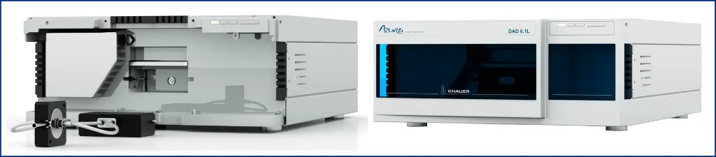 Figure 5: KNAUER’s diode array UV/VIS detectors. From left to right: AZURA® DAD 2.1L, AZURA® DAD 6.1L. Figure 5: KNAUER’s diode array UV/VIS detectors. From left to right: AZURA® DAD 2.1L, AZURA® DAD 6.1L.