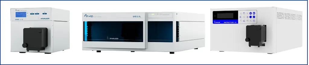Figure 3: KNAUER’s single variable wavelength UV/VIS detectors. From left to right: AZURA® UVD 2.1S, AZURA® UVD 2.1L, BlueShadow 40D. Figure 3: KNAUER’s single variable wavelength UV/VIS detectors. From left to right: AZURA® UVD 2.1S, AZURA® UVD 2.1L, BlueShadow 40D.