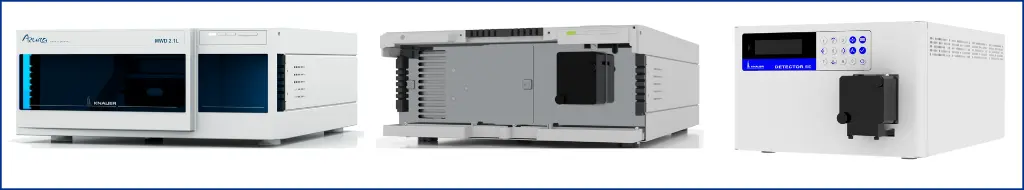 Figure 4: KNAUER’s multiwavelength UV/VIS detectors. From left to right: AZURA® MWD 2.1L, AZURA® VWD 2.1L, BlueShadow 50D. Figure 4: KNAUER’s multiwavelength UV/VIS detectors. From left to right: AZURA® MWD 2.1L, AZURA® VWD 2.1L, BlueShadow 50D.