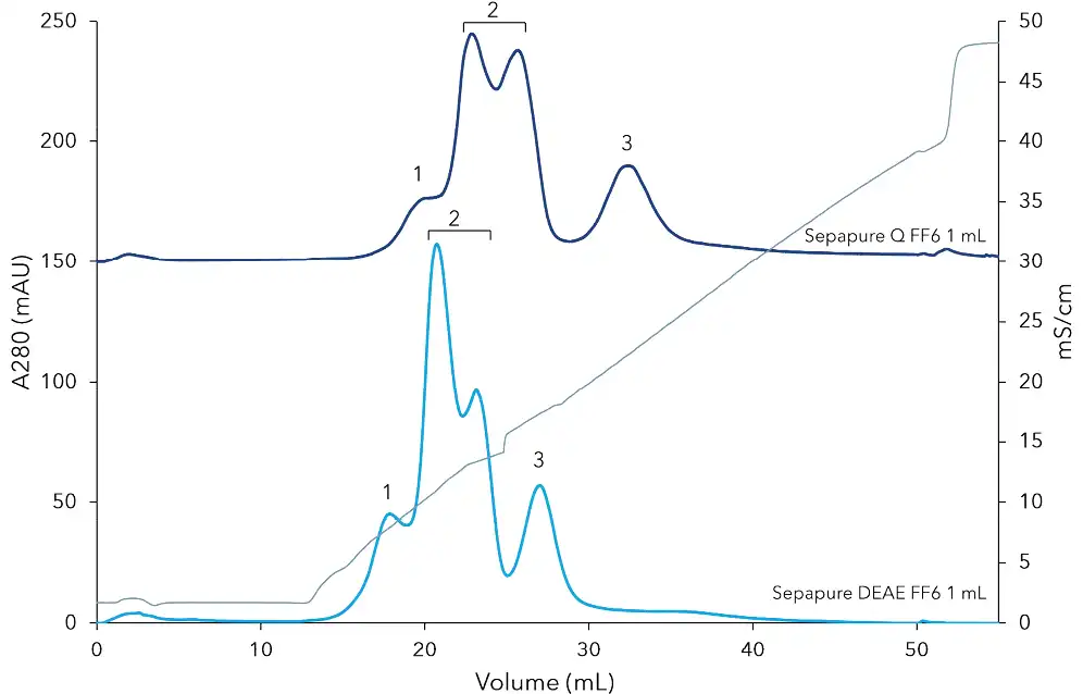 Chromatograms of the separation of Conalbumin (1), α-Lactalbumin (2) and soy bean Trypsin inhibitor (3) with weak (light blue line) and strong (dark blue line) anion exchange chromatography columns, grey line: conductivity signal