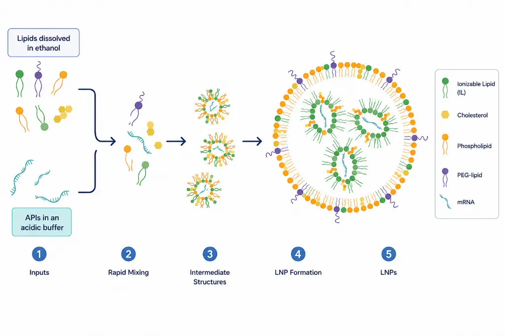 Self-assembly of lipid nanoparticle formation LNP formation, self-assembly