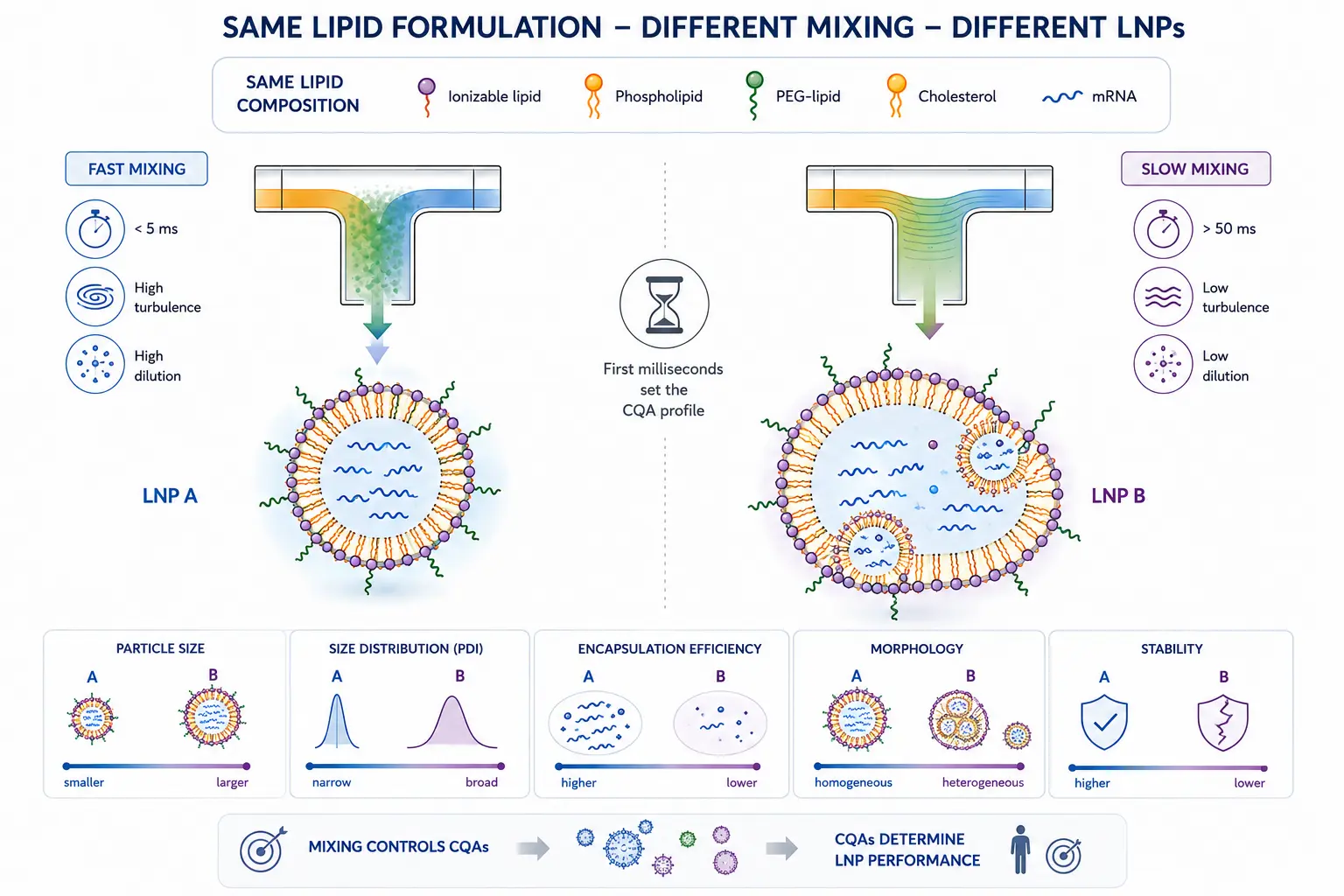 Figure 5:  The impact of mixing conditions on the Critical Quality Attributes  of LNPs