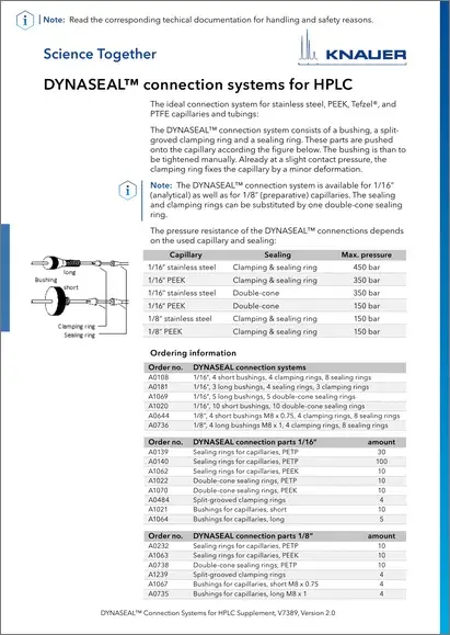 DYNASEAL Connection Systems for HPLC Supplement EN (V7389)