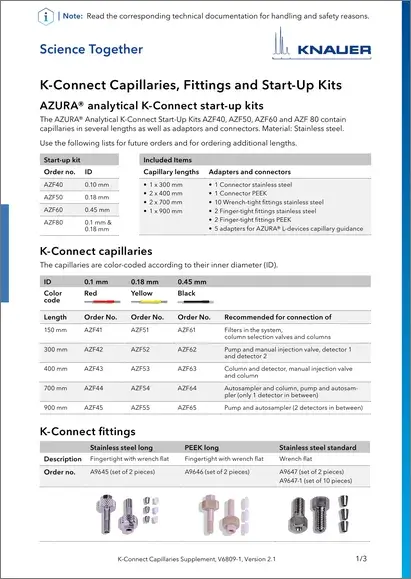 Capillaries, Fittings and Start-up Kits Supplement EN (V6809-1)