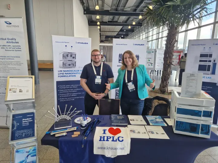 Sales Representative Marius Segel and Product Manager Dr. Kristin Folmert present the KNAUER booth at Makro 2025 in Freiburg (Germany).