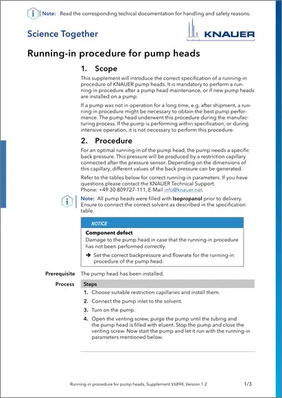 Running-in Procedure for Pump Heads Supplement EN (V6894)