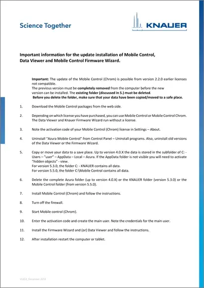 Update Installation Information Mobile Control V5.5 (V6853)