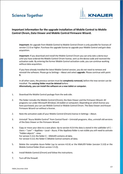 Update Installation Information Mobile Control V5.5 (V6854)